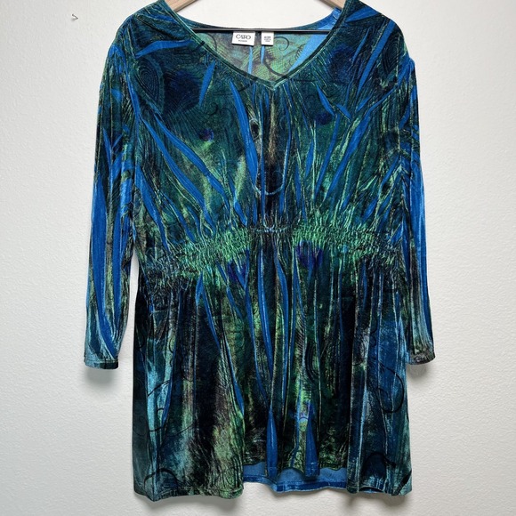 Cato Tops - Women‎ Y2K Crushed Velvet Babydoll Top 1X Blue Green Empire Waist 3/4 Sleeve